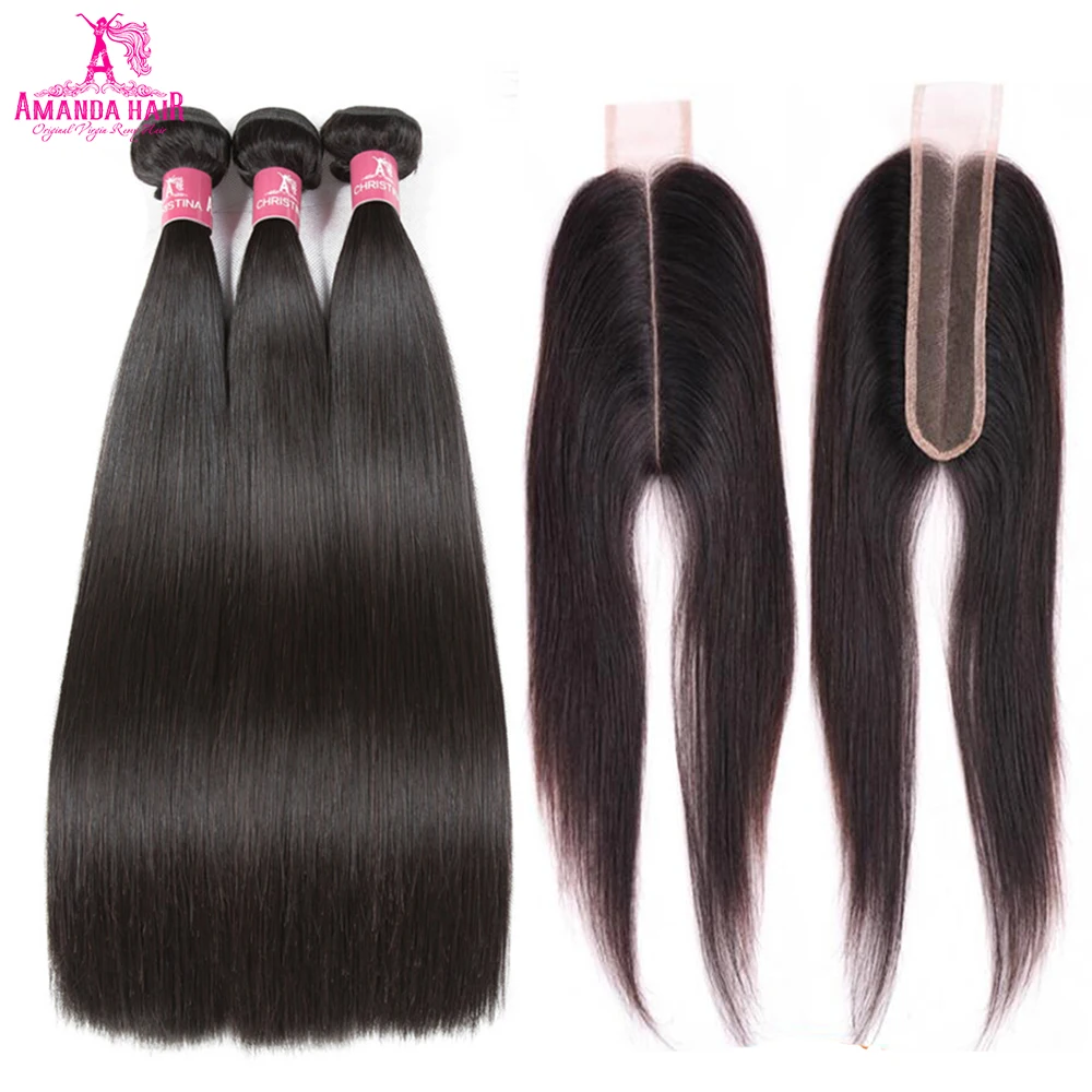 Аманда перуанский прямые волосы 3 Связки с закрытием Ким K средняя часть 2x6 дюймов 4 шт./лот 100% Remy 100% натуральные волосы