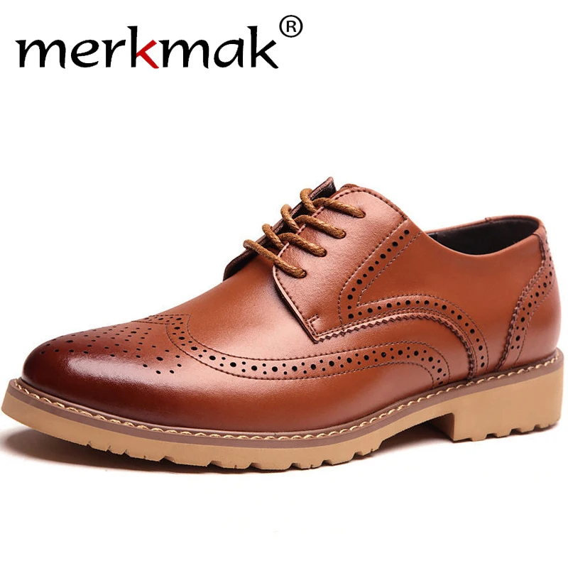 Merkmak 2019 Fashion Brand Men's Business Dress Brogue Shoes For Wedding Party Retro Leather Black Brown Round Toe Oxford Shoes