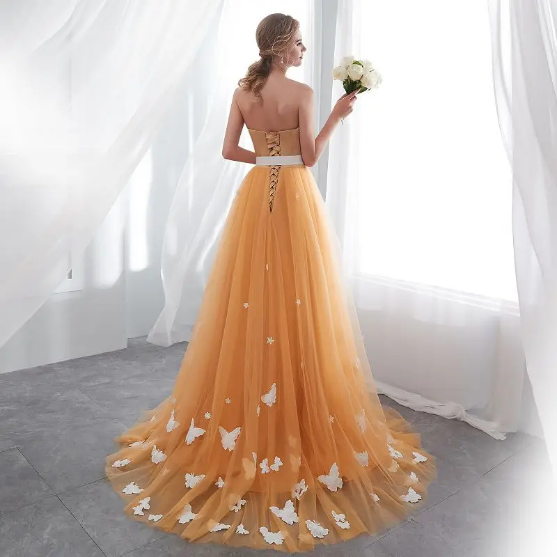Vestido De Festa A-line Long Evening Dresses tulle cout train beauty strapless Prom Dresses Belt butterfly Vestido noiva 2018