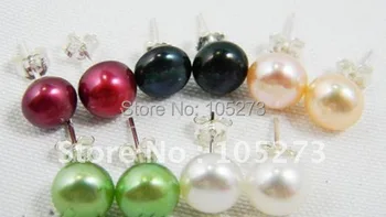 

New Arrive Chirstmas Jewelry ! AA 7-8MM 5Pairs Purple White Pink Green Black Genuine Freshwater Pearl Earring Stud