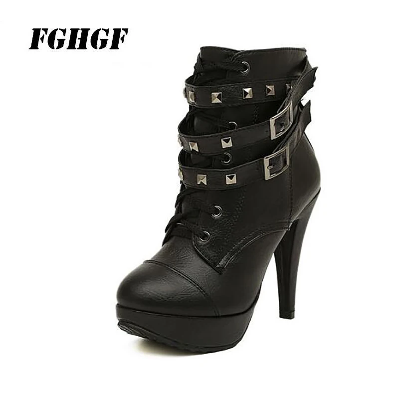 

Size 35-42 short boots locomotive boots leather belt buckles high heel boots fashion slender heel waterproof platform