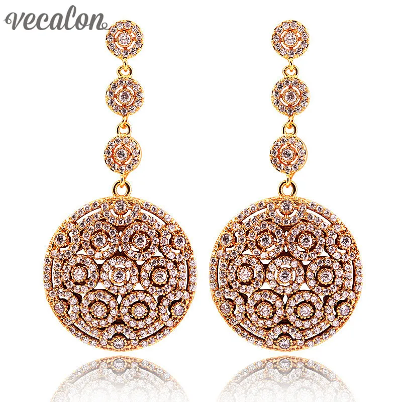 

Vecalon Brand office Style Dangle earring Full AAAAA Zircon Cz Gold Filled Engagement wedding Drop Earring for women