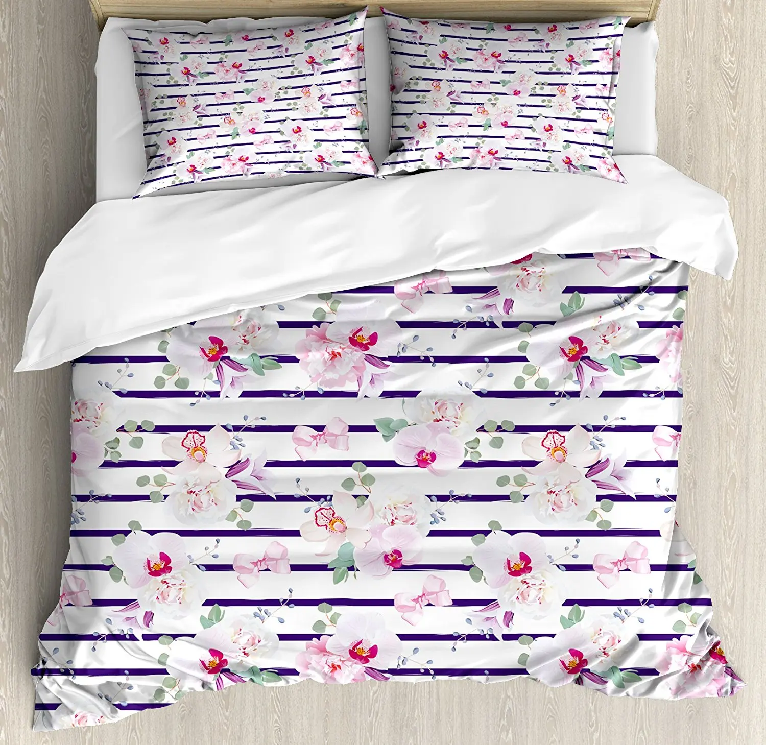 

Navy and Blush Duvet Cover Set Spring Bouquets on Stripes Orchid Peony Bell Flowers Feminine 4 Piece Bedding Set
