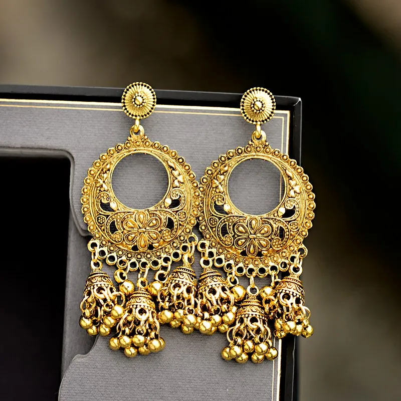 

OIQUEI Boho Vintage Indian Jhumka Big Bells Tassel Drop Earrings for Women Ethnic Flower Carved Statement Earring Jewelry 2019