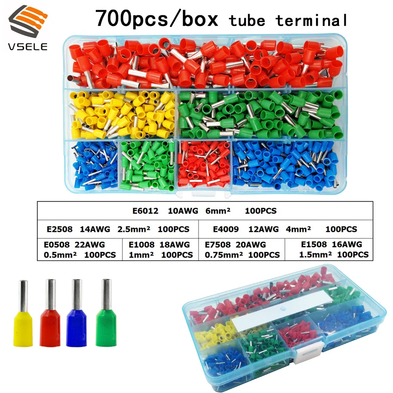 

VSELE E0508 E7508 E1008 E1508 E2508 E4009 E6012 700pcs/lot tube insulating terminals wire crimp terminal connector