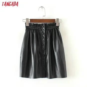 

Tangada women elastic waist female PU leather skirts pleated button ladies retro black knee length skirts TB76