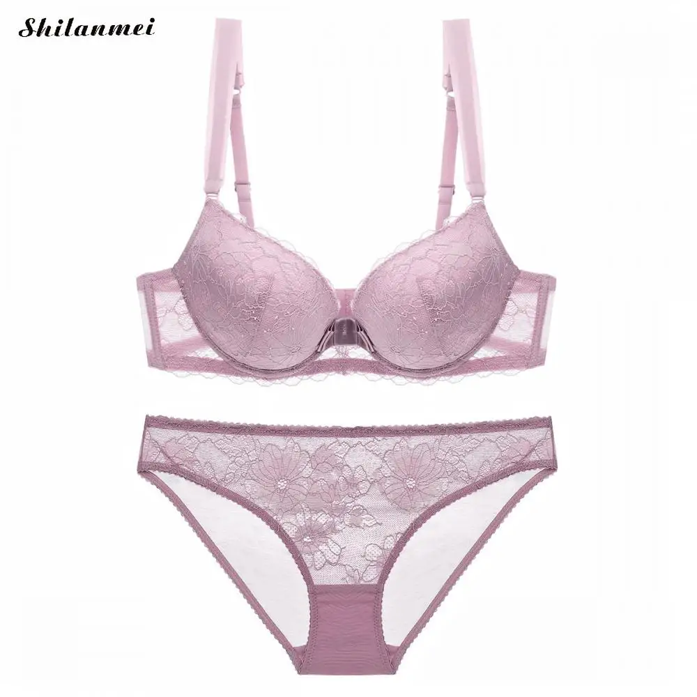 Elegant Woman Lace 3/4 Cup Push Up Bra And Panties Brief Set Convertible Straps Female Pink Daily Lingerie Set