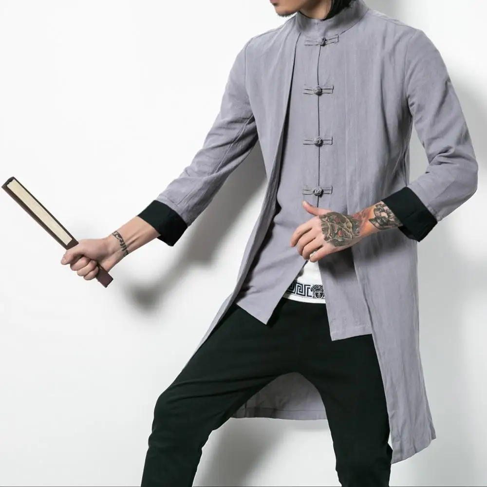 Mens Traditional Chinese Clothing Autumn Cotton Linen Long Trench Kung Fu Tai Chi Master Costume Male China Jacket CN-103