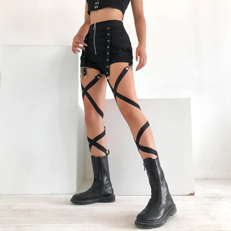 Rapwriter Harajuku Multiple Wearing Methods Middle Ring Zipper Black Shorts Women Summer Hot Streetwear High Waist Shorts