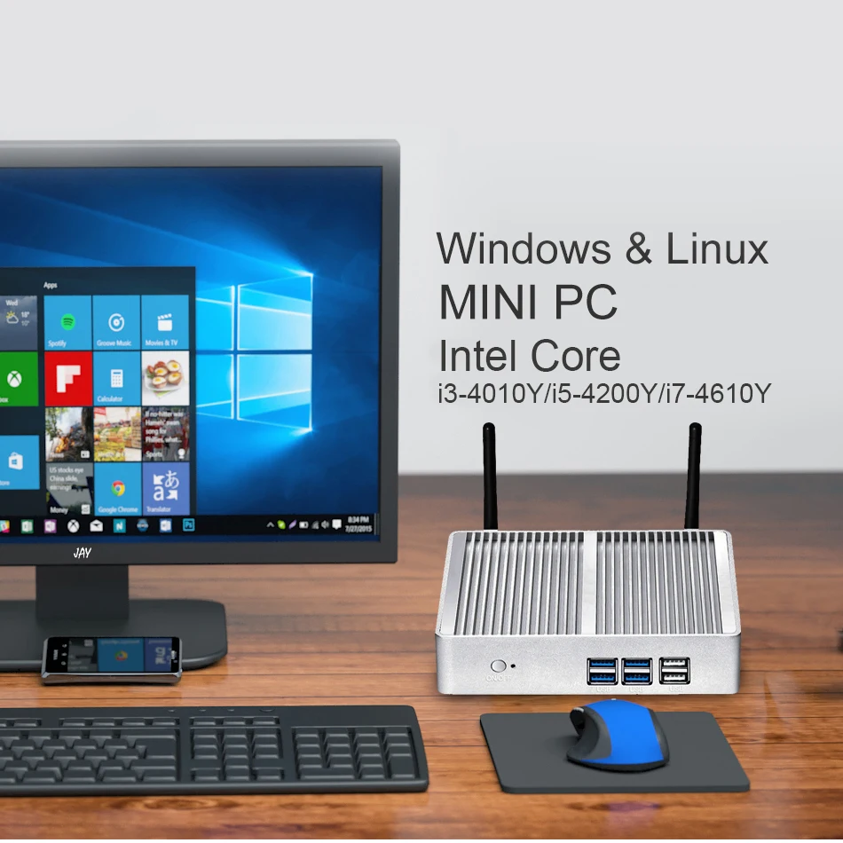 OLOEY мини-ПК без вентилятора Intel Core i7-4610Y Windows 10 Linux 8 ГБ ОЗУ 120 ГБ SSD 300 Мбит/с WiFi Gigabit Ethernet HDMI VGA 6* USB