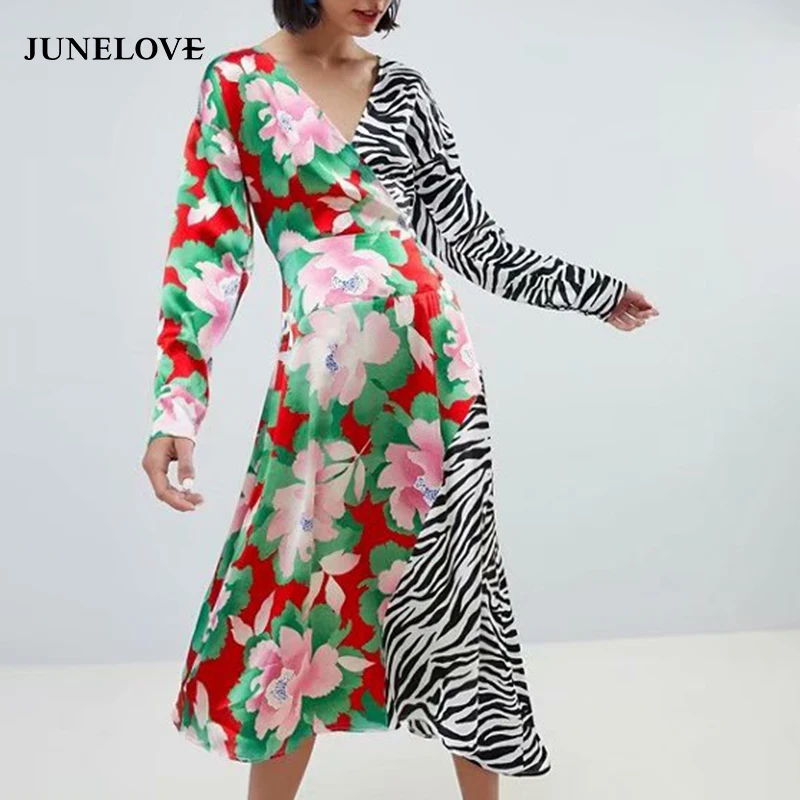

JuneLove Women Spring Patchwork Long Maxi Dress Vintage Zebra Animal Print Floral Female Dress Casual V-Neck Lady Sexy Dress