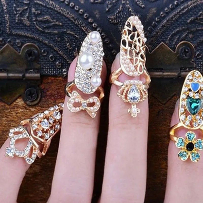

Hot Fashion Crown Bowknot Crystal Finger Nail Art Rings Women Girls Golden Flower Heart Armor Joint Tail Ring Jewelry For Party