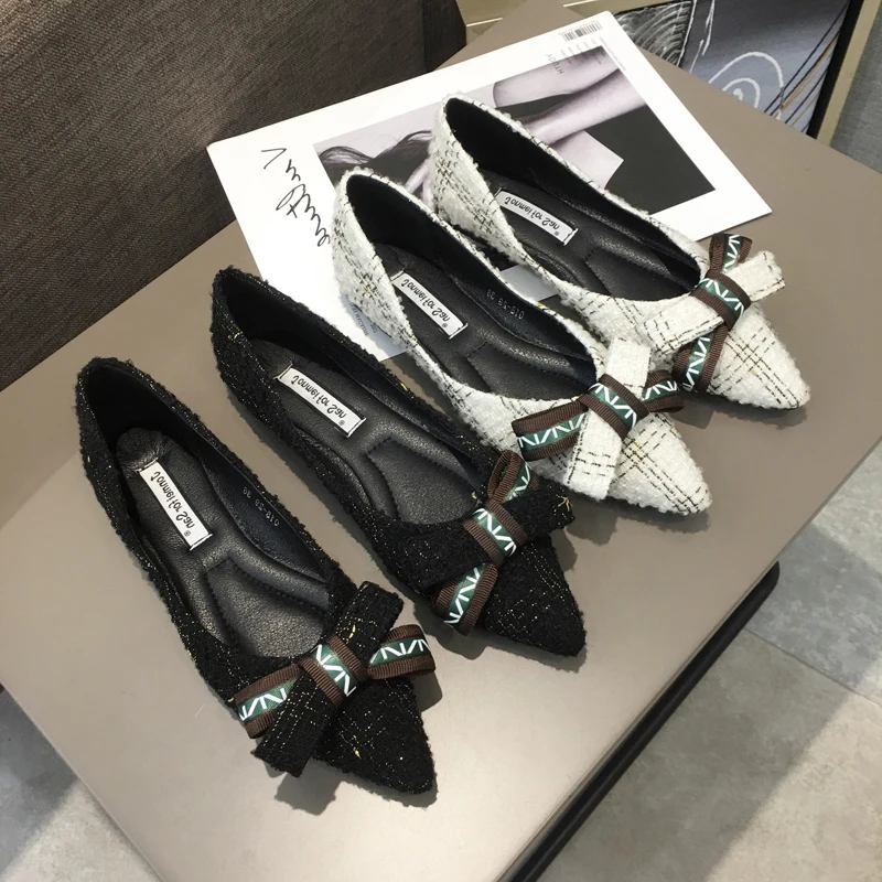 

2019 spring new flat bottom shallow pointed single shoes female bow wild soft bottom casual shoes