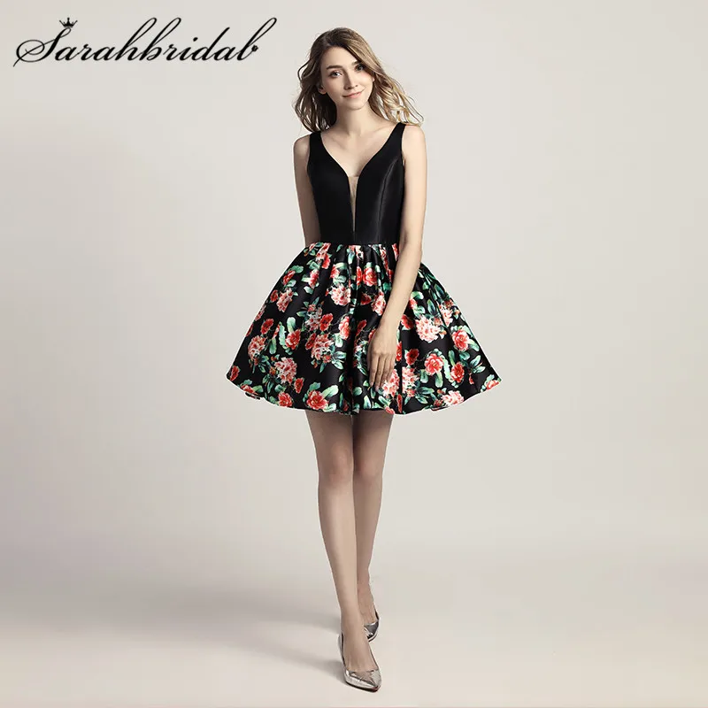 Cheap Short Cocktail Dresses Black Sexy Backless Fashion Prom Party Gowns Vintage Floral Print Real Photos LX434