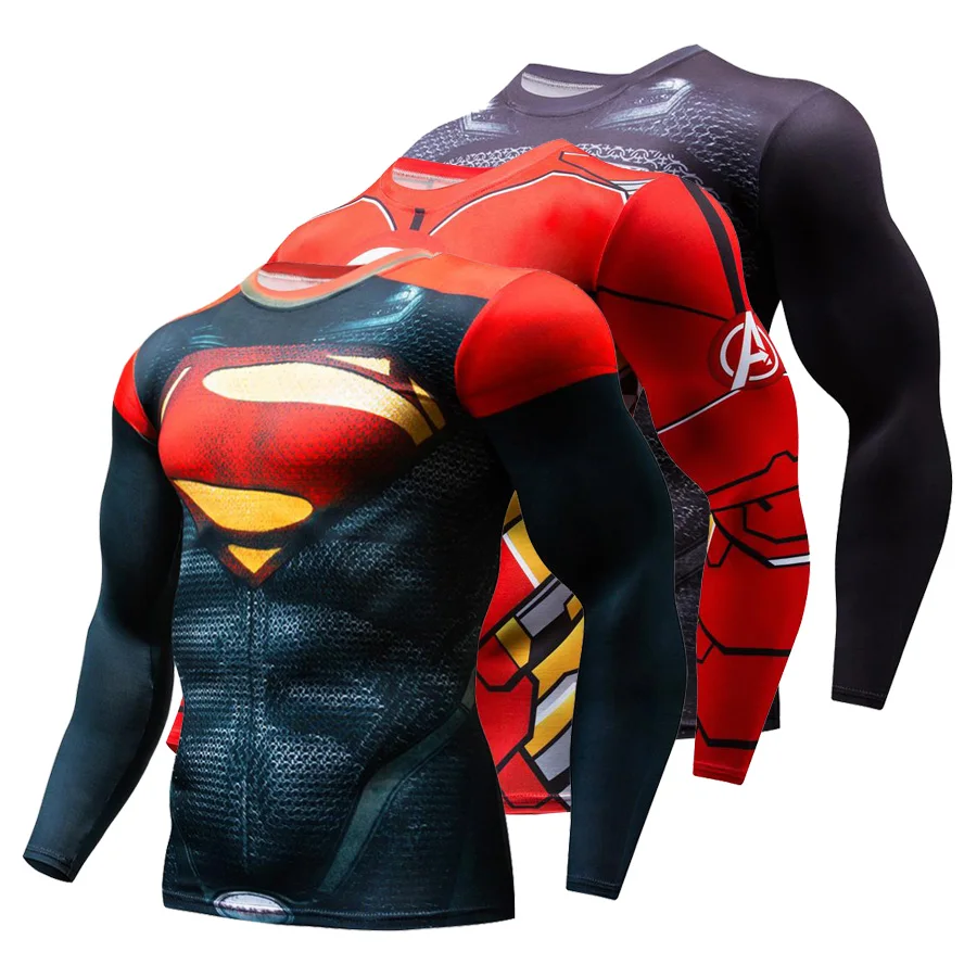 

NEW 2018 Superman Punisher Rashgard Running Shirt Men T-shirt Long Sleeve Compression Shirts Gym T-shirt Fitness Sport Shirt Men