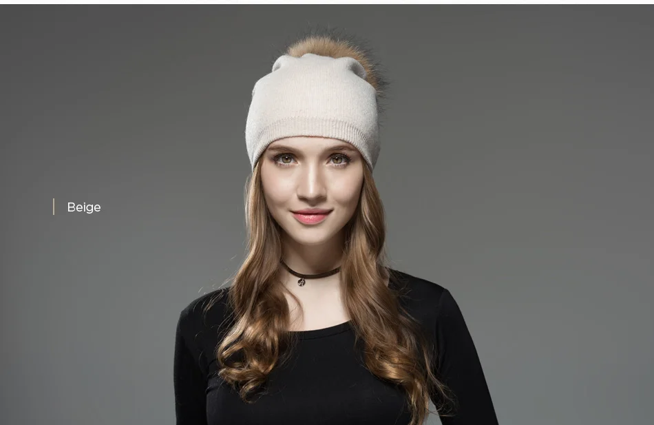 Mosnow Hat Female  Women Raccoon Wool Fox Fur Pom Poms Warm Knitted Casual High Quality Vogue Winter Hats Caps Skullies Beanies1 (9)