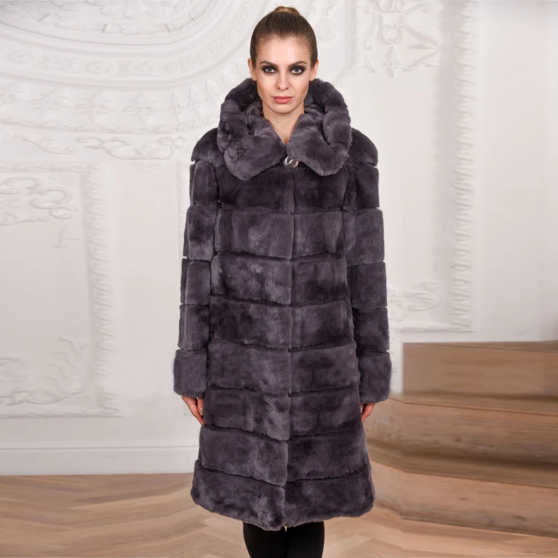 Элегантное женское зимнее пальто с натуральным мехом кролика Рекс, пальто с натуральным мехом, креативное пальто с отворотным воротником и капюшоном, подходит ко всему, длинная куртка