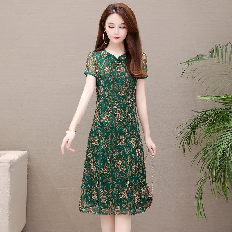

Summer Fashion Women Slim Printed Short Sleeve V Neck Beach Chiffon Dress