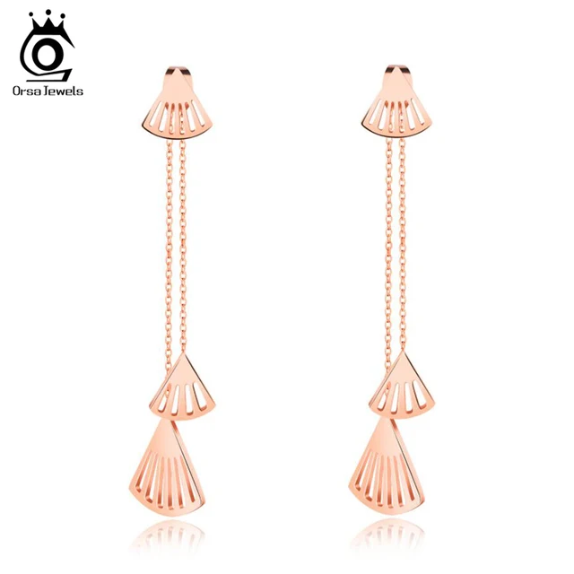 Orsa Jewels Stainless Steel Stud Earrings Hollow Fan Design Top Orsa Jewels Stainless Steel Stud Earrings Hollow Fan Design Top Polished Rose Gold Chain Earring Women