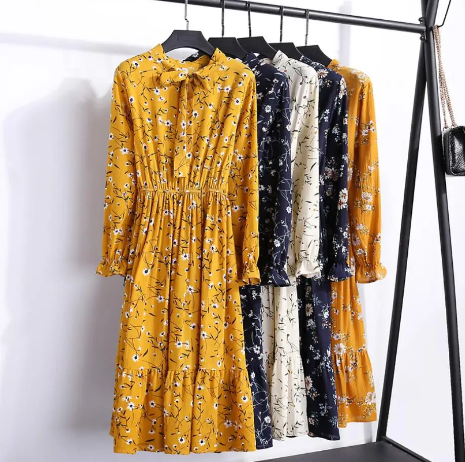 

2019 Summer Autumn Chiffon Print Dress Cute Fashion Women floral Bowknot Dresses Beach Casual Shift Dresses Vestido