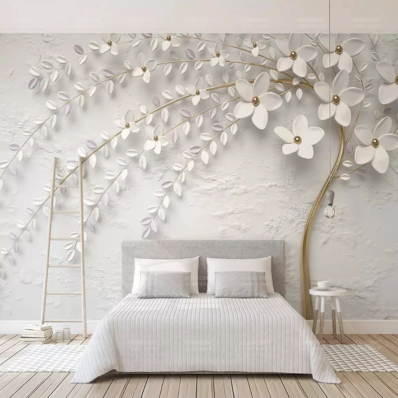 Mural Wall Covering White Embossed Flower Branches Wall Paper For Living Room