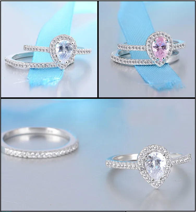 2pcs Silver Rings set Jewelry Teardrop Zircon CZ Diamant Engagement Ring Women 925 Sterling Silver Wedding Rings set for women