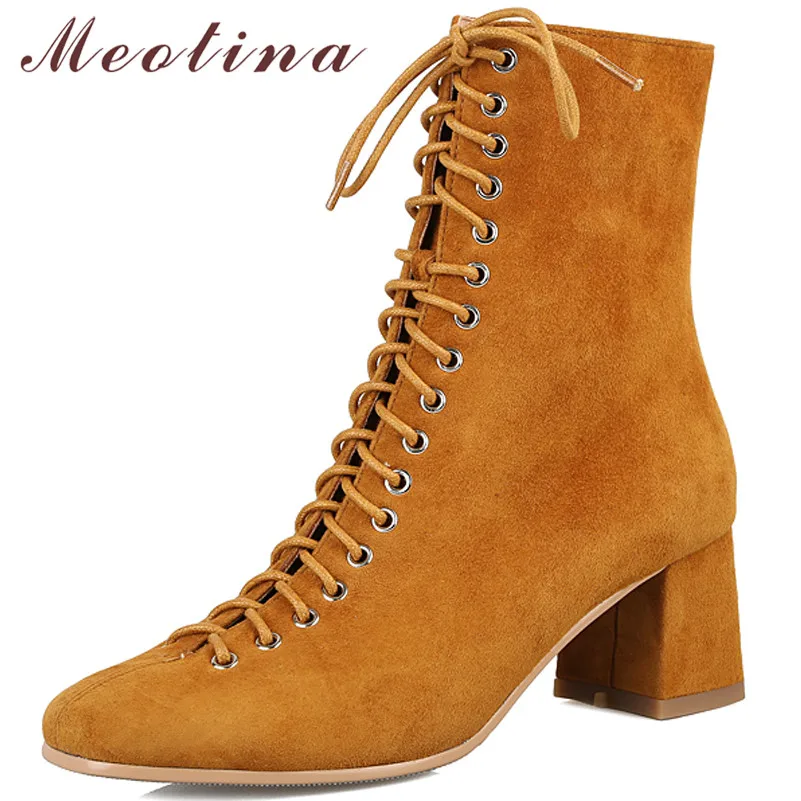 Tanie Meotina prawdziwe skórzane botki kobiety krowa zamszowy zamek gruby wysoki obcas krótkie buty zasznurować kwadratowe buty z palcami pani jesień rozmiar 39