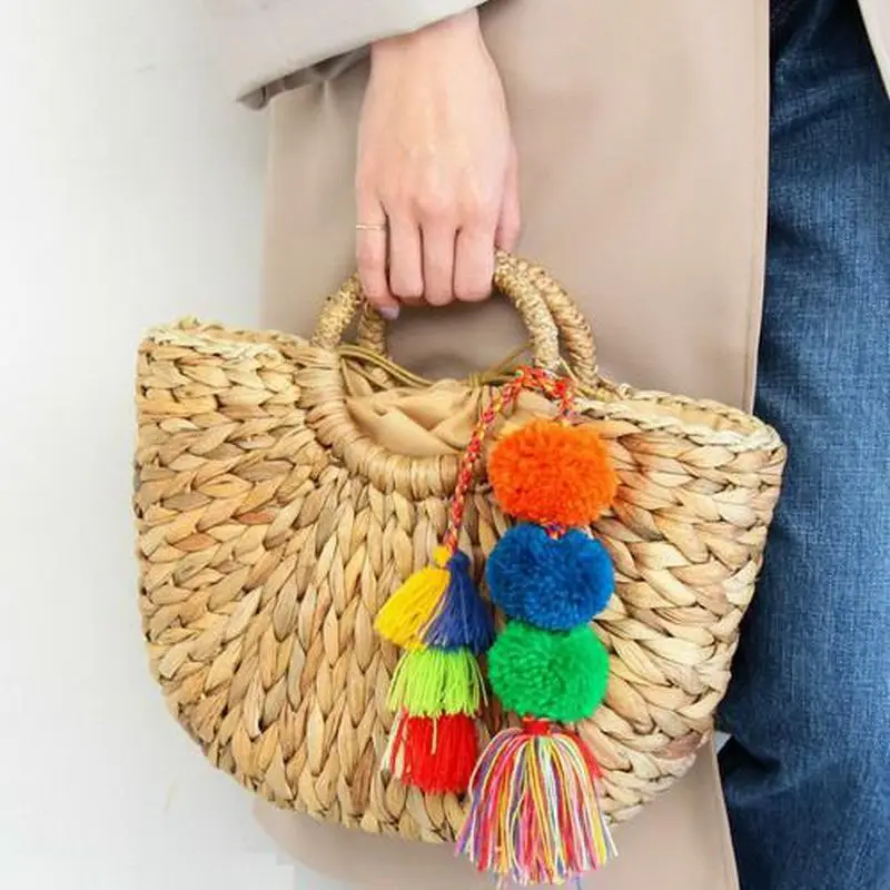 

AUAU Handmade Bag Women Pompon Beach Weaving Ladies Straw Bag Wrapped Beach Bag Moon shaped Bag