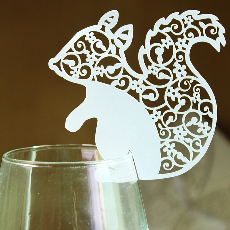 60pcs Lot White Ivory Design Cute Animal Squirrel Pattern Laser Cut Glass Cup Cards Party Laser Cut Glasses Template