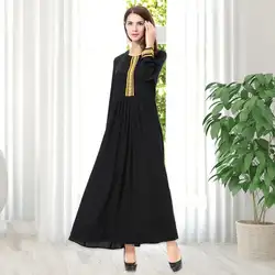 Этнические Дамы Вышивка мусульманский сплошной цвет свободный халат платья для женщин круглый вырез длинный рукав макси качели платье