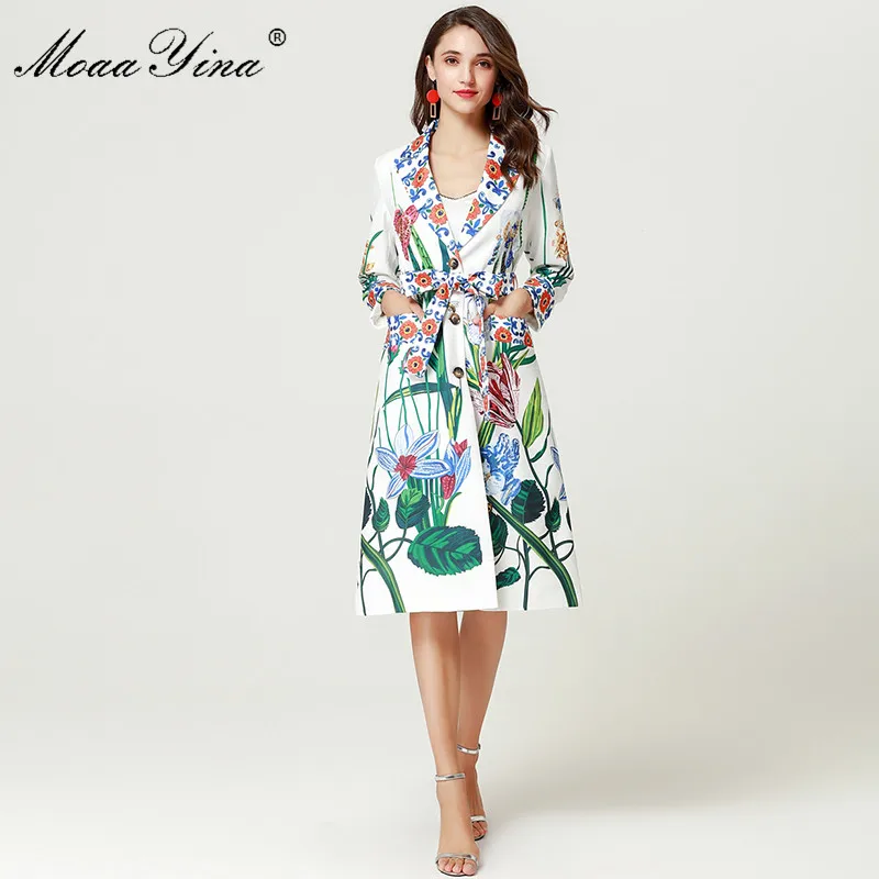 

MoaaYina Fashion Designer Runway Windbreaker Coat Spring Winter Women Long sleeve Floral-Print Beading Sequin Elegant Overcoat