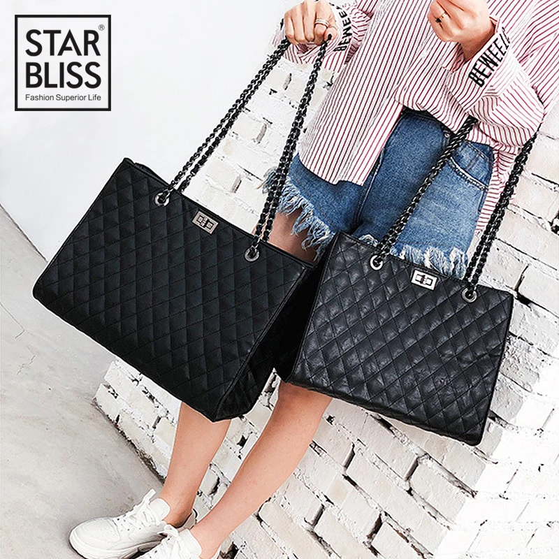 

Star fashion tide simple tote bag business black rhombic large capacity chain handbag shoulder bag computer victoria secret bag