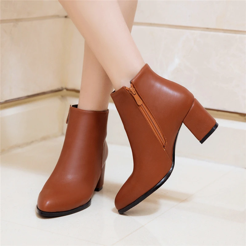 Autumn Winter Fashion Women's Ankle Boots | Chunky High Heel Pointed Toe Booties with Zipper image 3