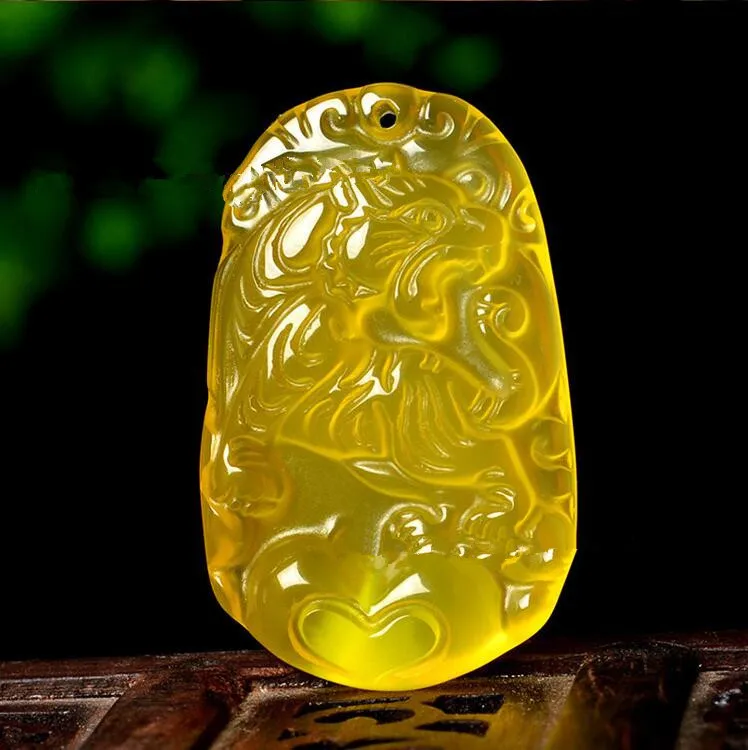 

TJP natural Ice of yellow chalcedony Single side carving Chinese zodiac tiger pendant for women and men necklace pendant