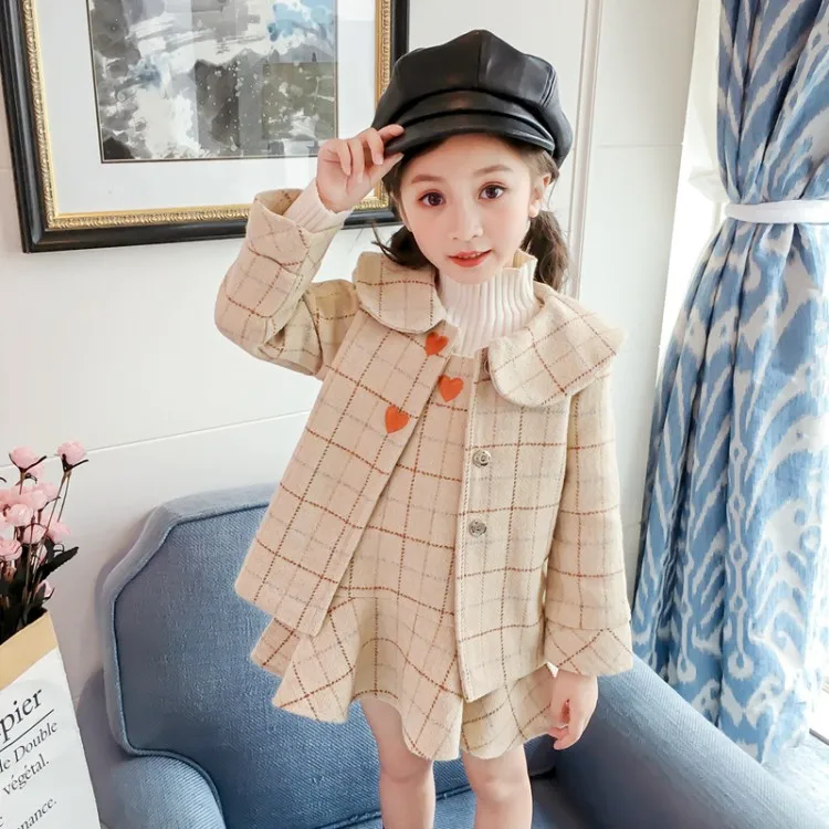 

Boutique Kids Clothing Suit Autumn Winter Korean Version The Simple Personality Female Baby Plaid Wool Coat Vest Skirt Two-piece