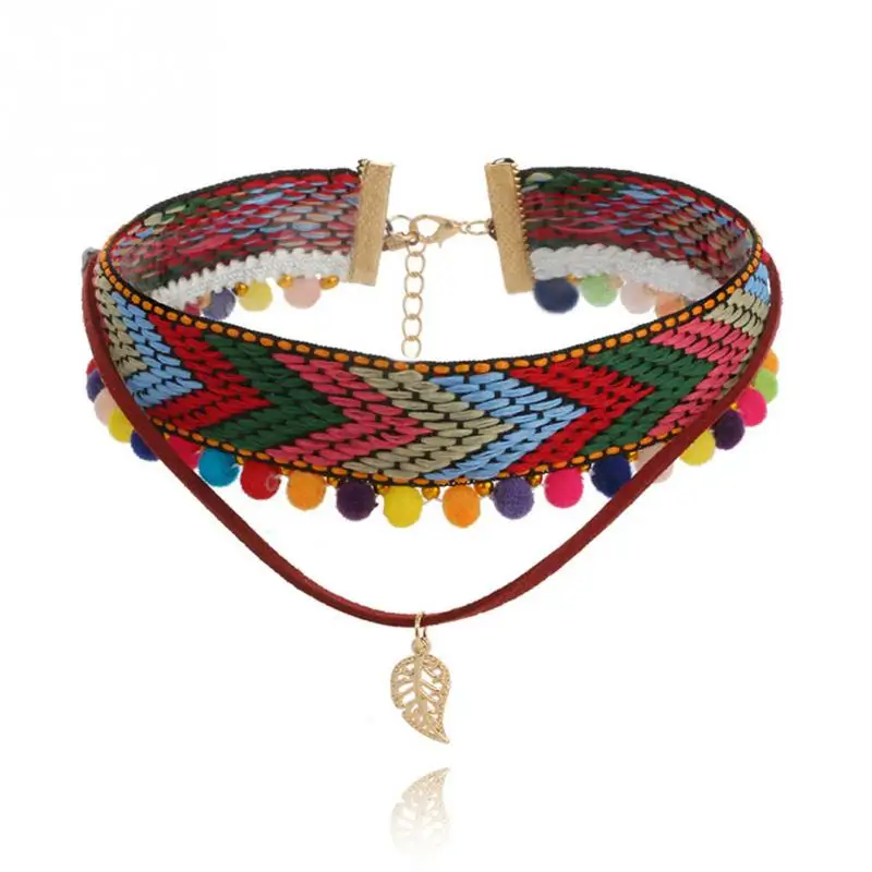 

Ethnic Style Women Double Layer Woven Leaf Pendant Collar Clavicle Necklace Accessory