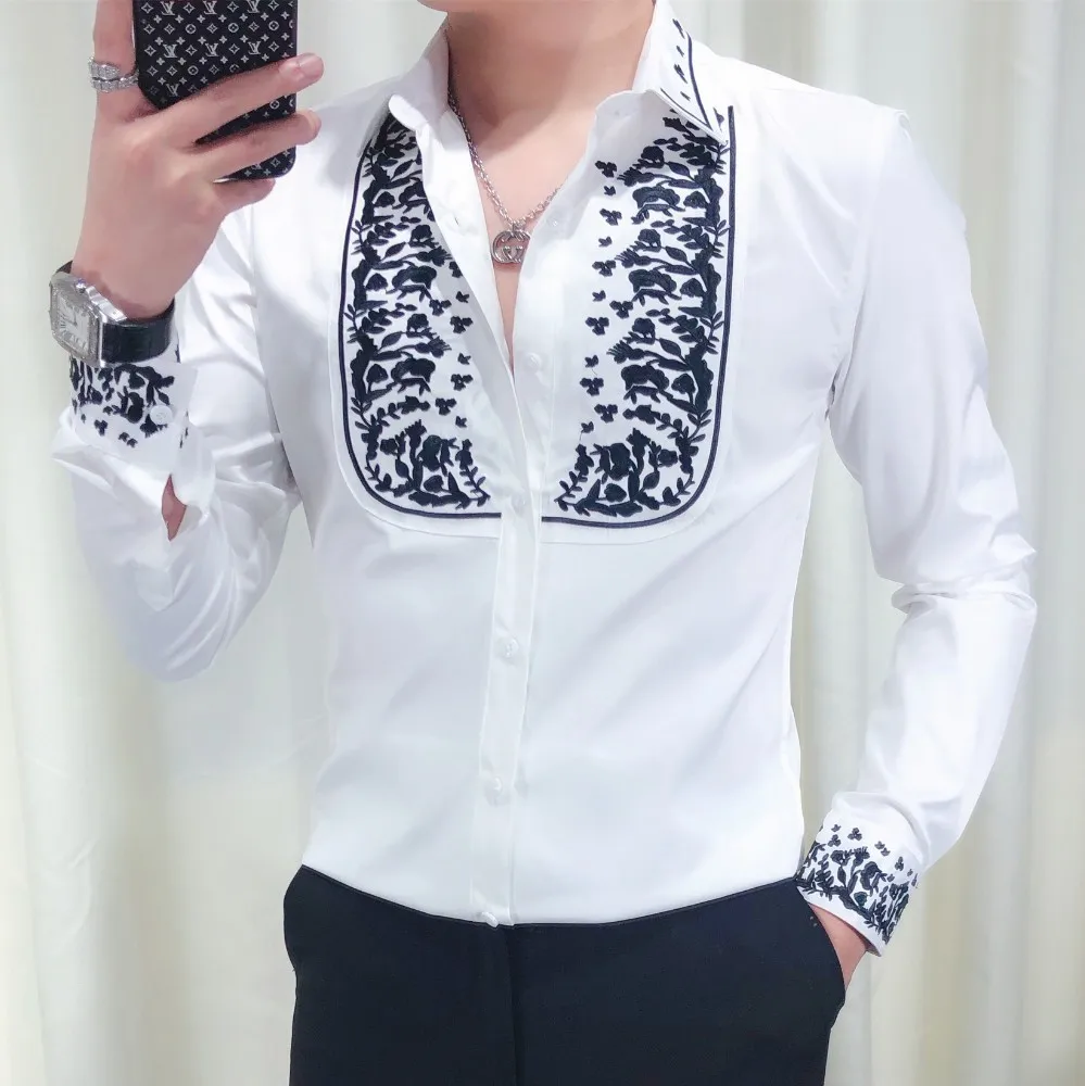 

2019 Autumn New Luxury Social Men Club Embroidery Splice Long Sleeve Flower Shirt Men Kemeja Pria Camisa Masculina Black White