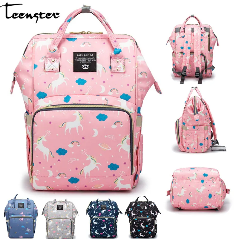 

Teenster Diaper Bag Fashion Maternal Backpack Cartoon Unicorn Horse Printing Baby Care Bag Waterproof Mummy Maternity Bags