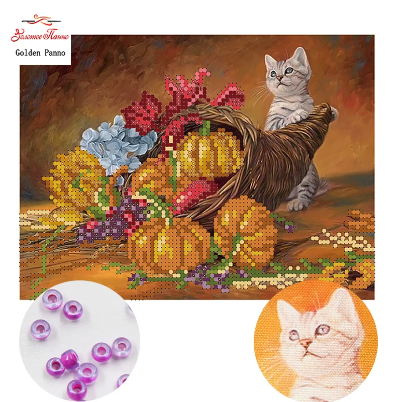 

Golden Panno,Needlework,DIY,beads,Cross stitch,Embroidery stitch,Precise Printed painting,animal Pattern,cat 0414