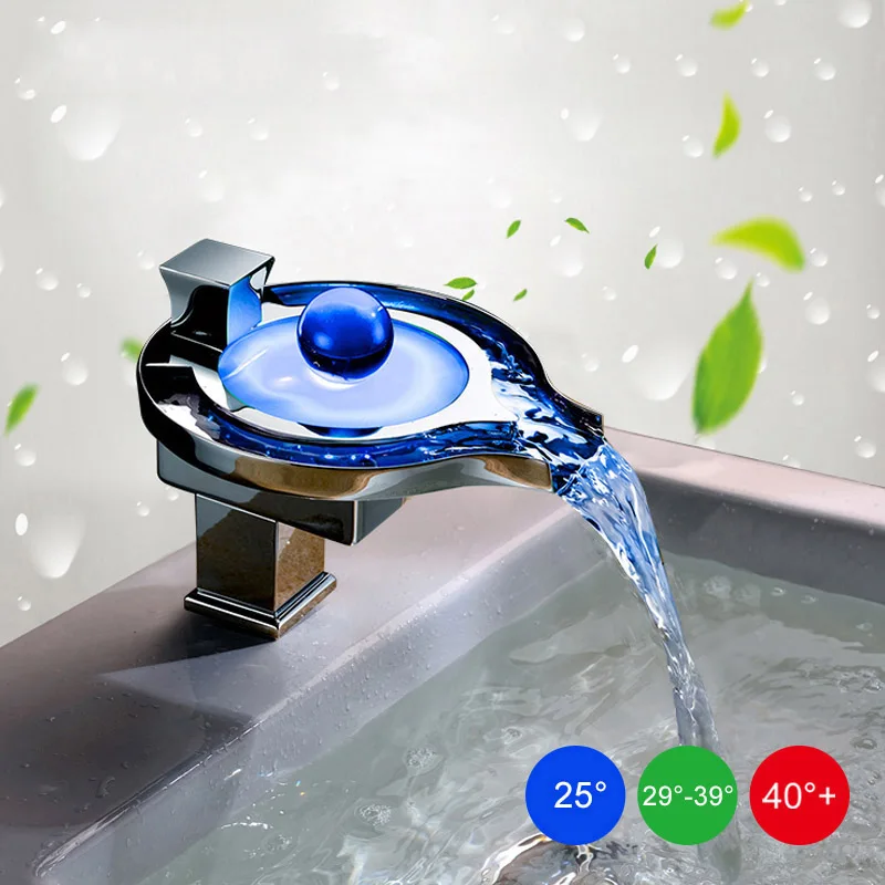Dokorona LED Light Bathroom Waterfall Led Faucet Glass Wash Basin Mixer Tap Deck Mounted Single Handle | Обустройство дома