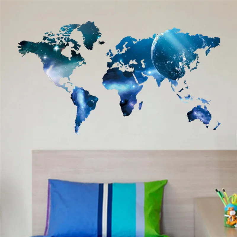 60*90cm outspace starlight world map wall sticker home decoration for