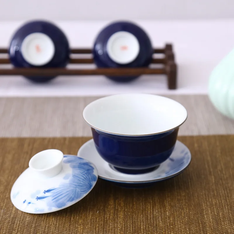 1 gaiwan+ шесть чайных чашек, ручная роспись, фарфоровая чашка для чая, голубая глазурь, под глазурью, цветная супница, китайский набор для кунг-фу, Новинка