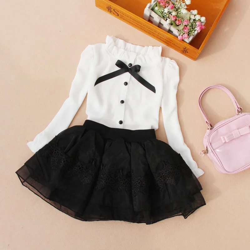 

New Girls Shirts 2017 Children Clothing Girls White Long Sleeve Shirt Student Chiffon Mandarin Collar Bottoming School Blouses