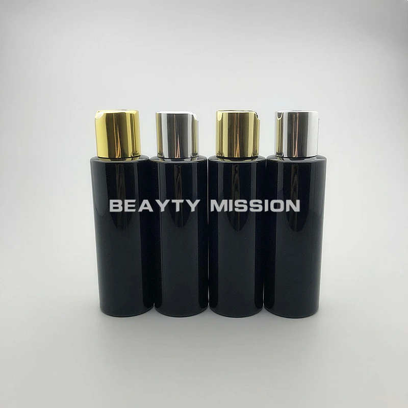 

BEAUTY MISSION 48 pcs/lot 100ml black empty plastic bottle with gold/silver aluminum disc top cap,oil bottles,shampoo bottle