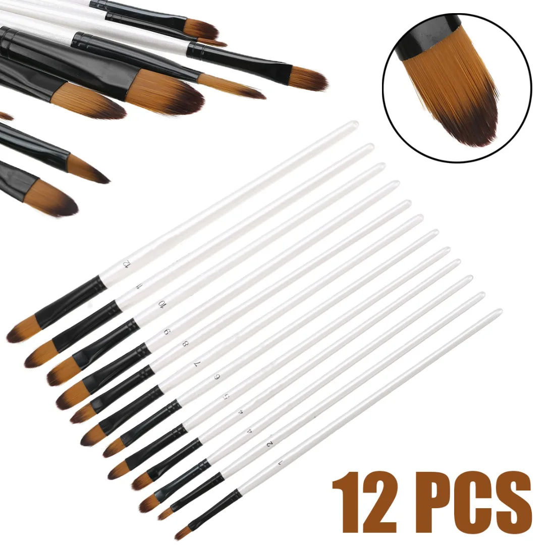 12PCS Artist Paint Brushes Set Acrylic Oil Watercolor Painting Oblate/Oblique Nylon Hair Brush Wood Handle School Art Supplies
