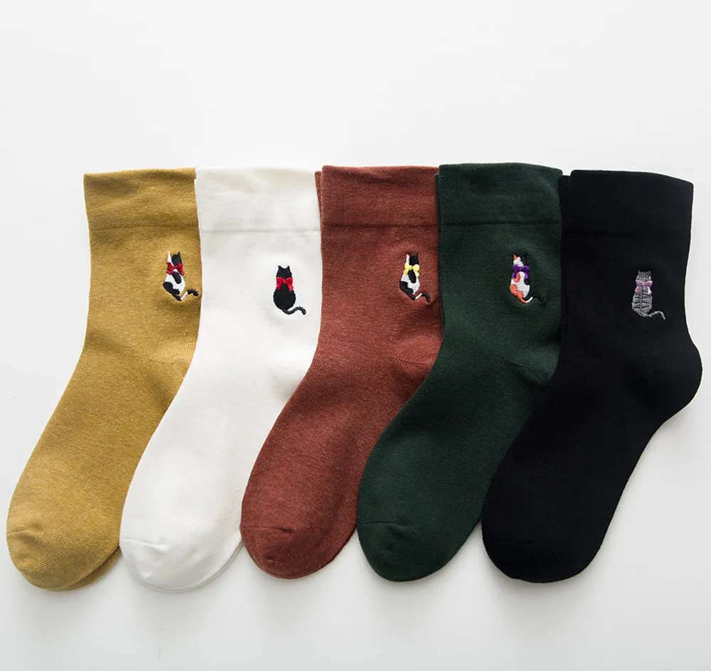 

Women Cotton Fashionable Spring Summer Embroidery Cartoon Double Cat Rib Top Short Crew Socks Casual Japanese Style