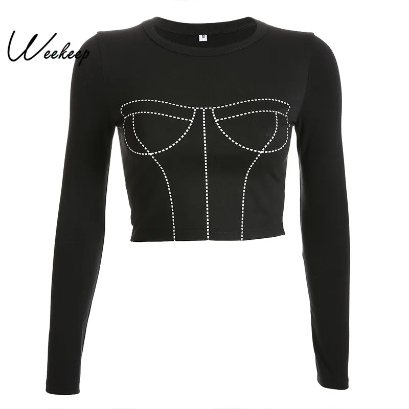 

Weekeep Women Spring Autumn Long Sleeve t shirt Black Bodycon O-neck Cropped t-shirt Fashion 95% Cotton Patchwork Crop Top Shirt