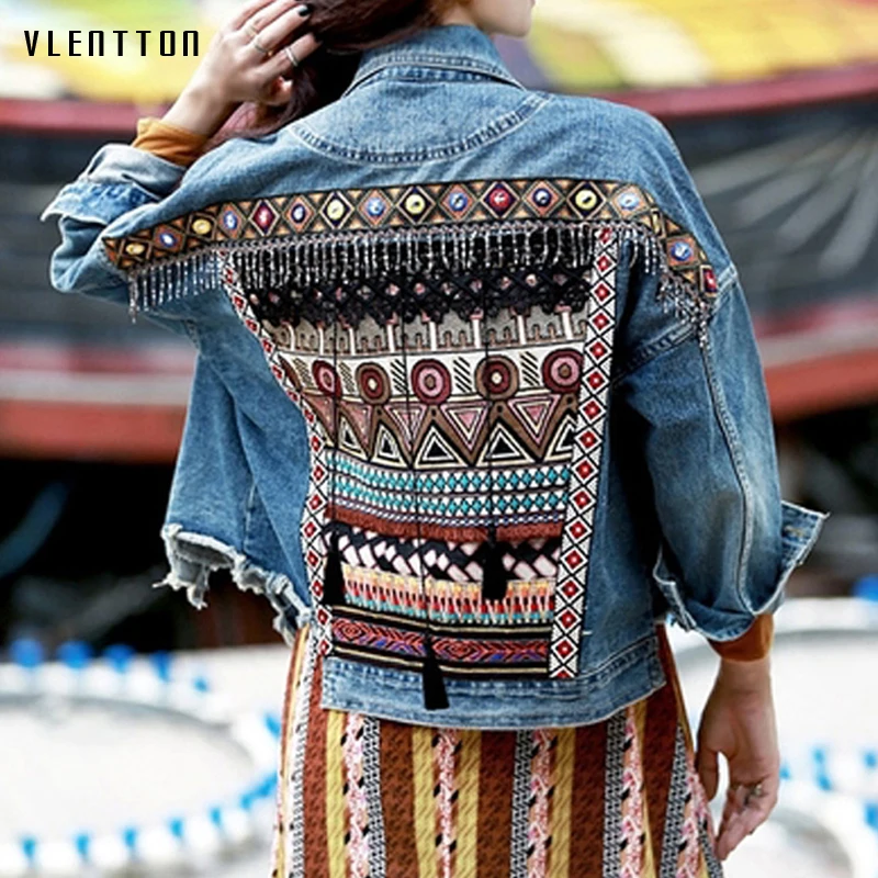 awesome Spring Vintage Denim Female Jacket Tassel Embroidery Coat Female Loose Long sleeve Jacket for women