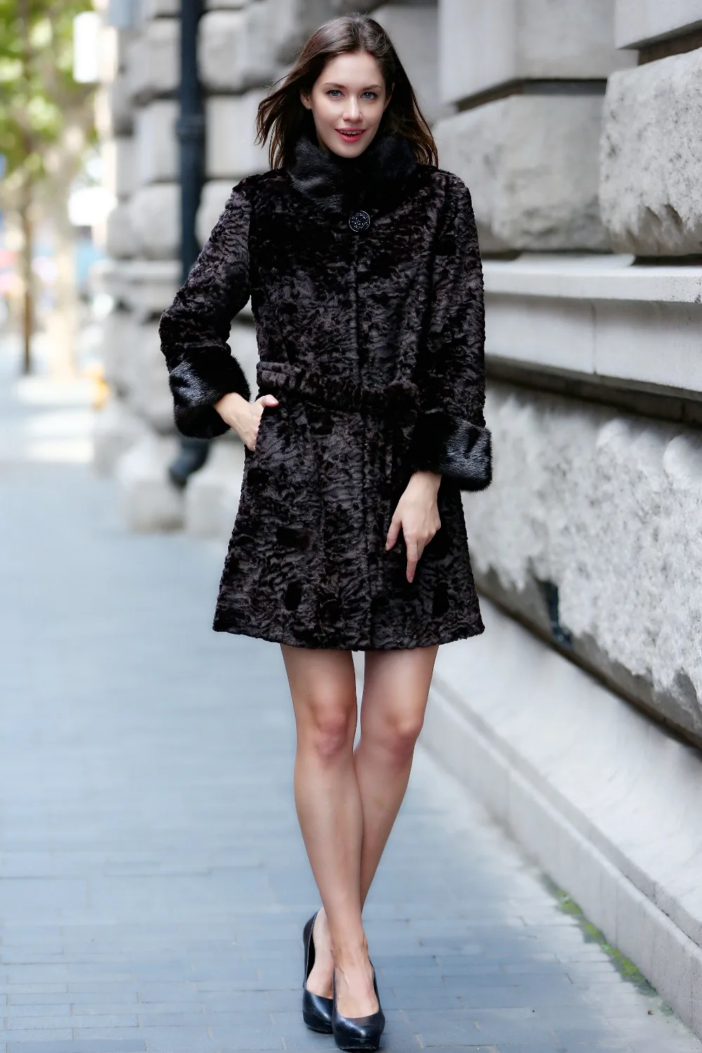 Faux Astrakhan with mink fur belt coat 