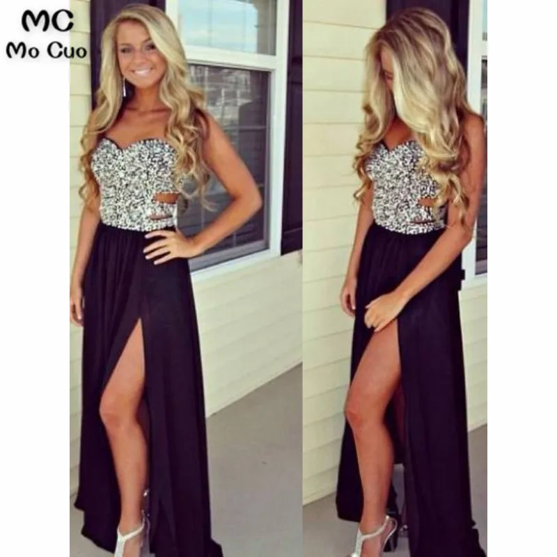 2019 Sparkly Prom Dresses Long with Crystals Beaded Sweetheart Front Slit Chiffon Vestido Longo Evening Party Dress for Women | Свадьбы и